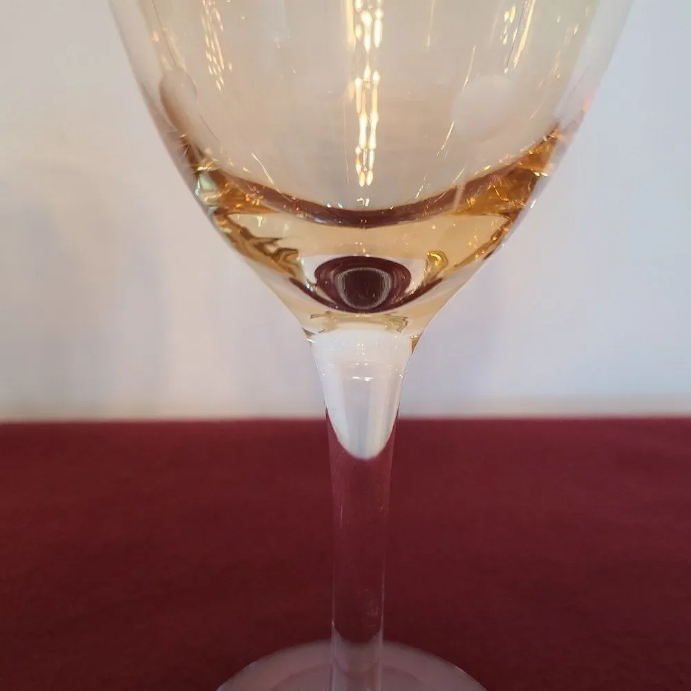 Vintage Golden Amber Light Yellow Iridescent Wine Glasses With Etching Set of 2